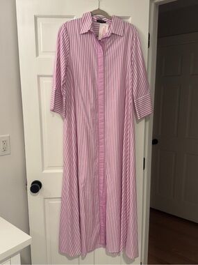Striped Pink Maxi Shirt Dress with Classic Collar
